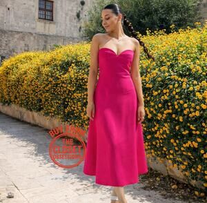 Zara NWT Fuchsia Pink Strapless Sweetheart A-Line Midi Dress M